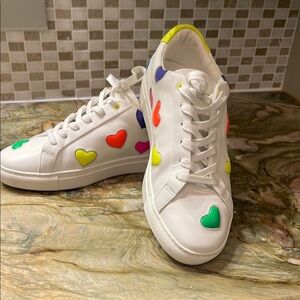 KURT GEIGER White Leather Lane Love Neon Hearts Sneakers worn once 40.5/ 9.5